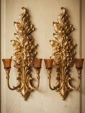 Rare vintage SYOROCO  Rococo floral, wall,+ scones four Amber glass votive cups